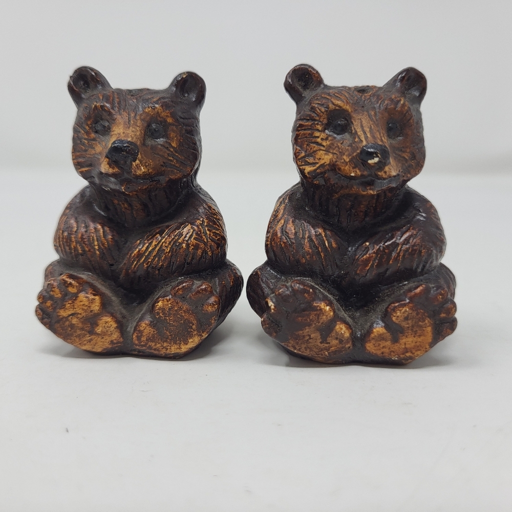 Vintage Salt and Pepper Shakers Bear Pair Wood Look Cute